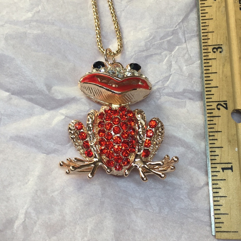 Red and clear Jeweled moving parts frog necklace